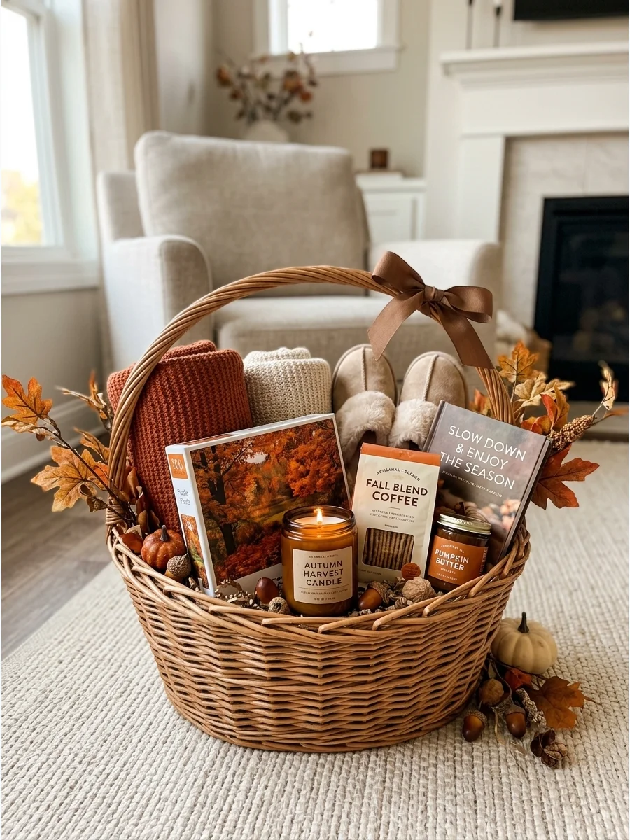 A wicker basket with a puzzle and slippers on a soft rug.