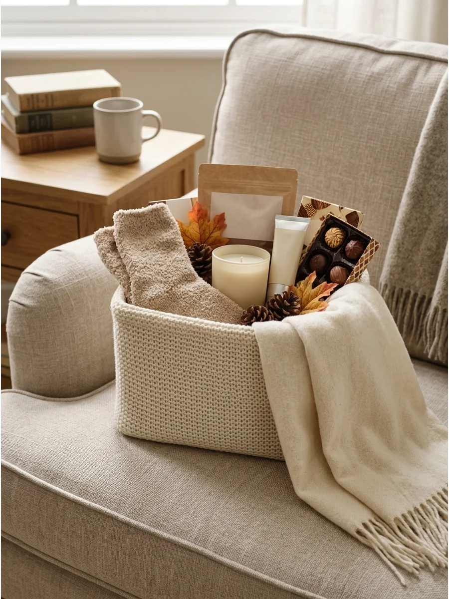 A cream colored knitted basket filled with fuzzy socks and a scarf in a reading nook.