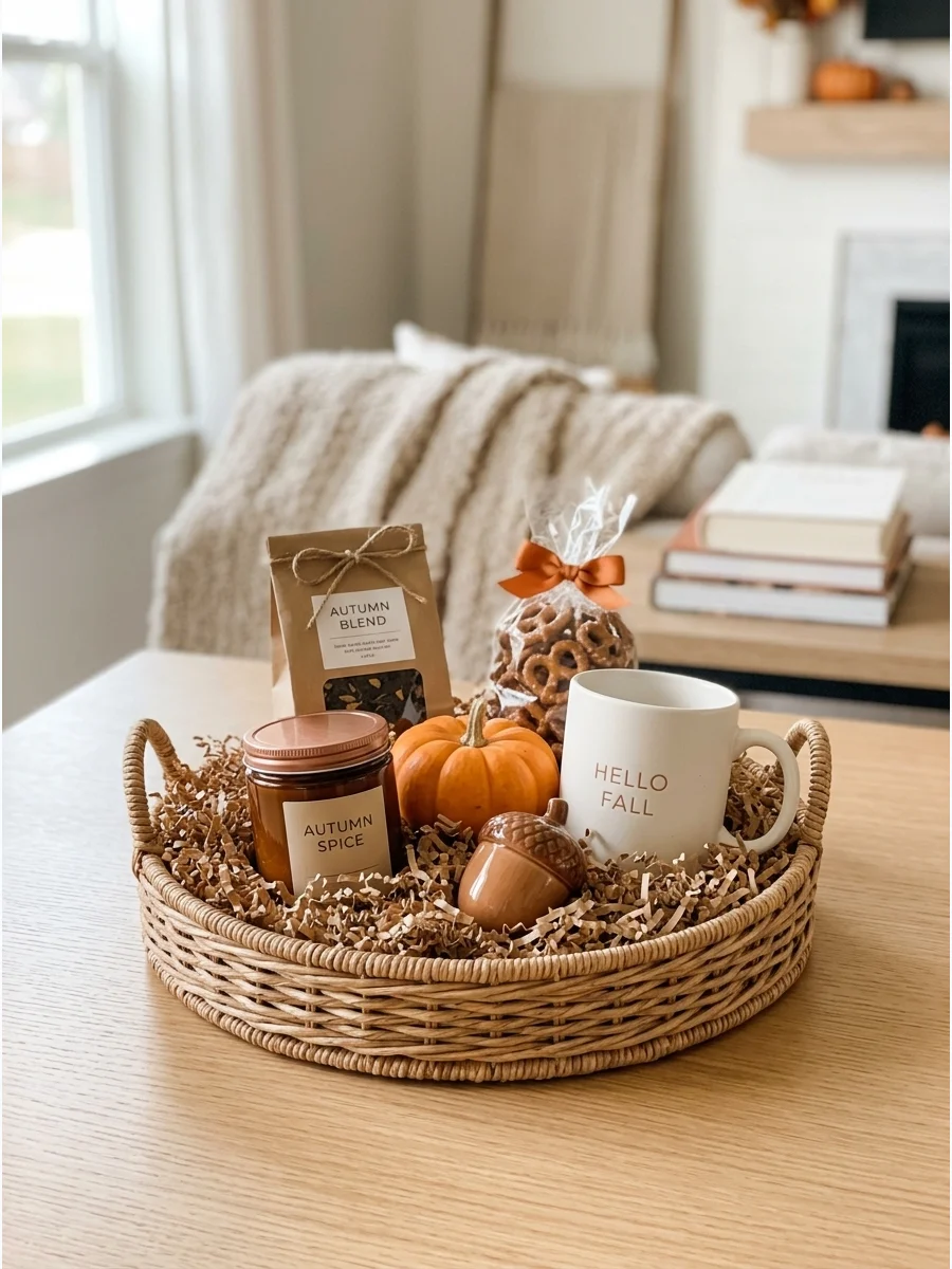 A simple fall gift tray with a pumpkin and a mug on a bright tabletop.