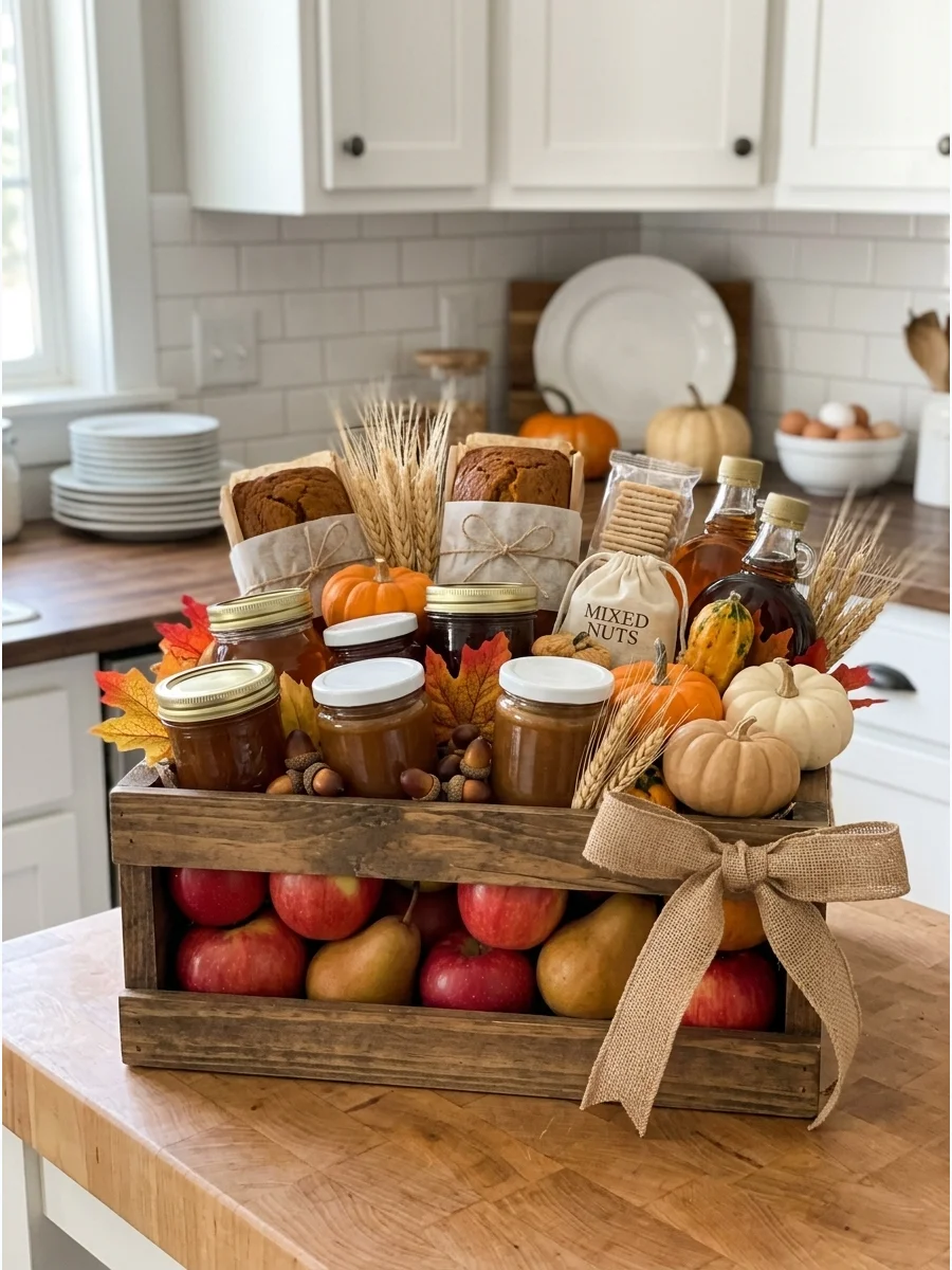 A wooden crate overflowing with autumn fruit and jars of honey in a kitchen.