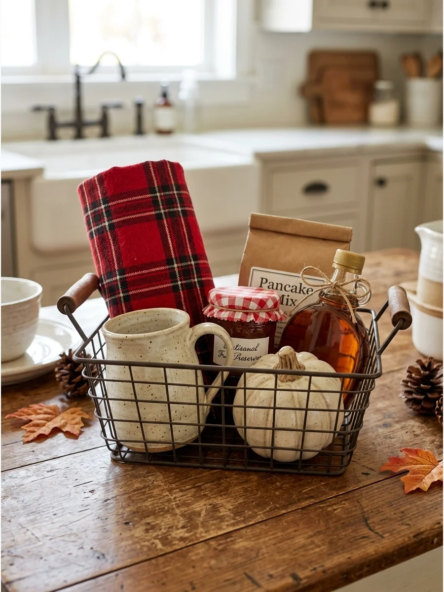 A farmhouse style gift basket with a plaid towel and maple syrup.