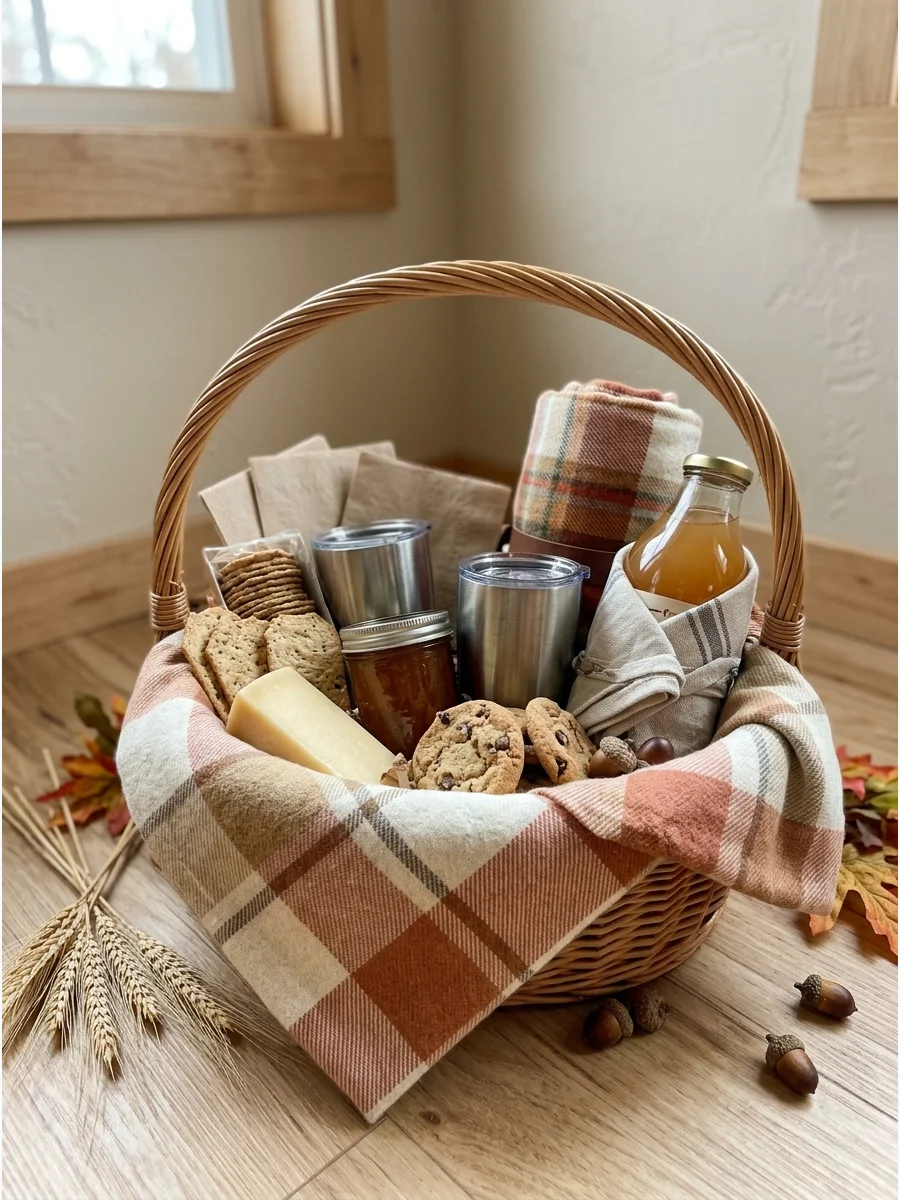 A wicker picnic basket with a blanket and cider bottles on a wood floor.