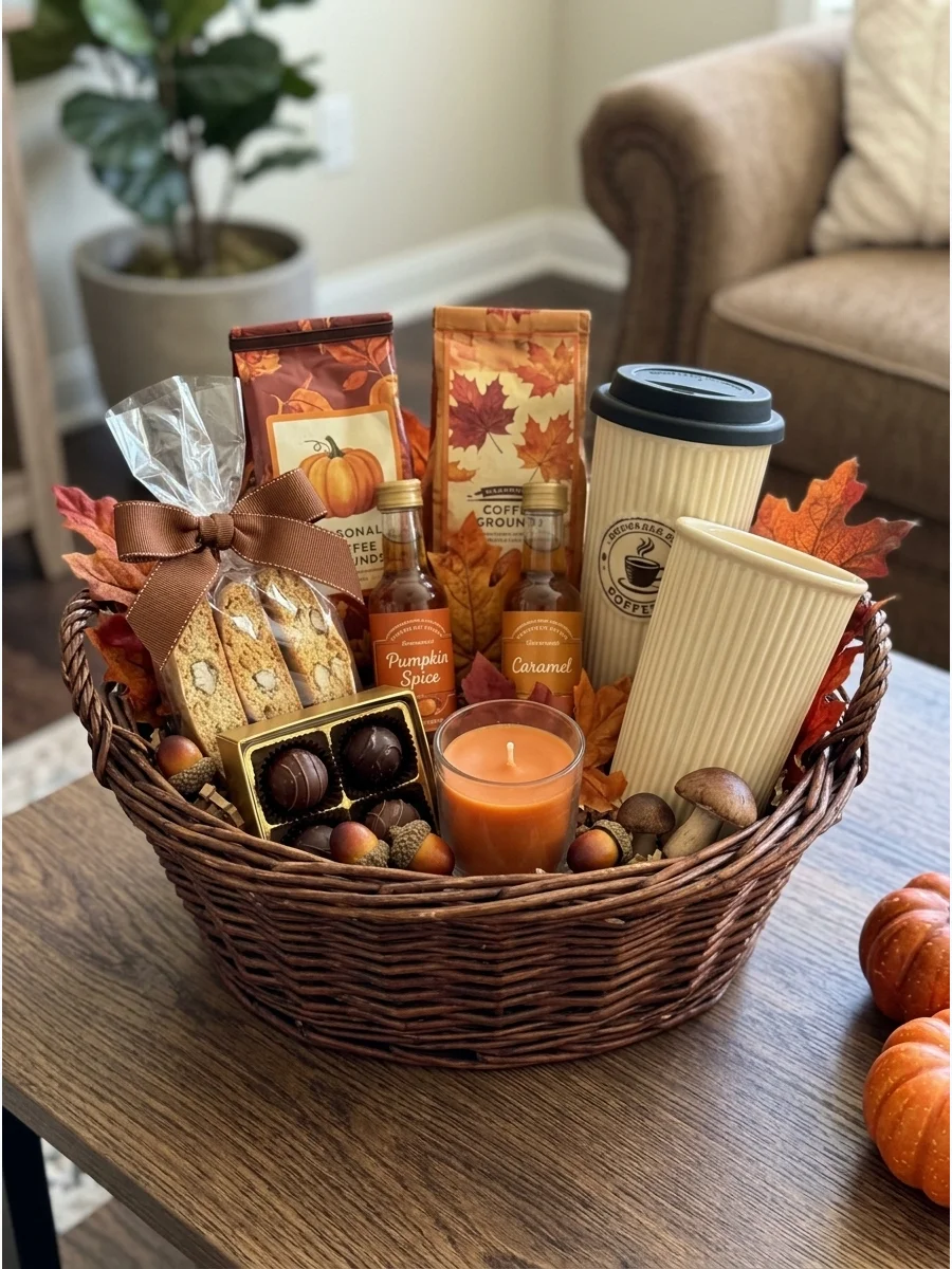 A coffee themed gift basket with beans and a mug on a dark wood table.