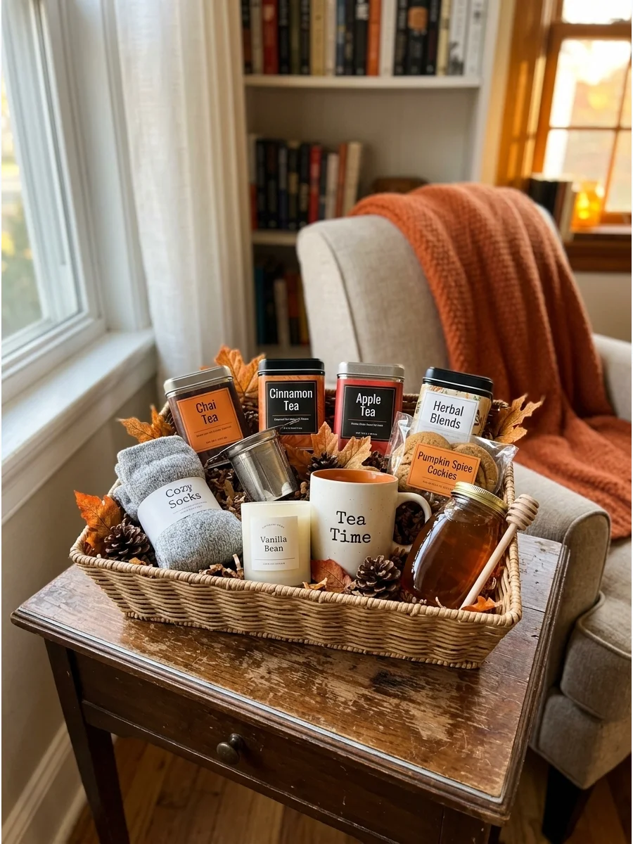 A small basket with tea tins and a honey dipper in a cozy nook.
