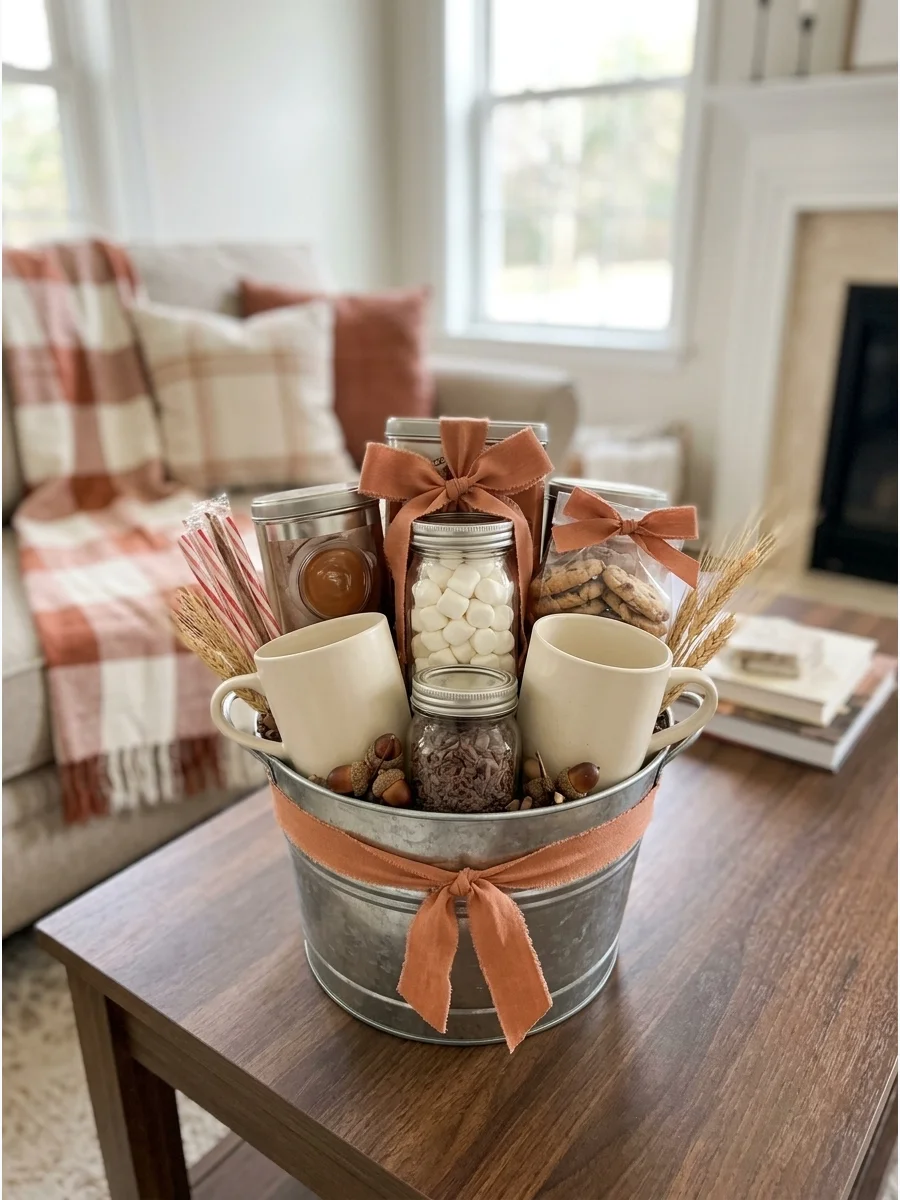 A metal bucket filled with hot cocoa supplies on a living room table.