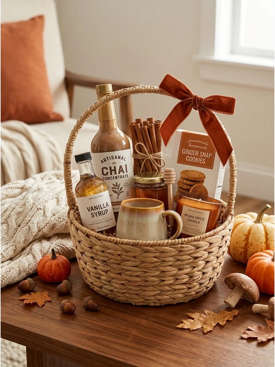 A chai latte gift set with cinnamon sticks on a wooden tray.