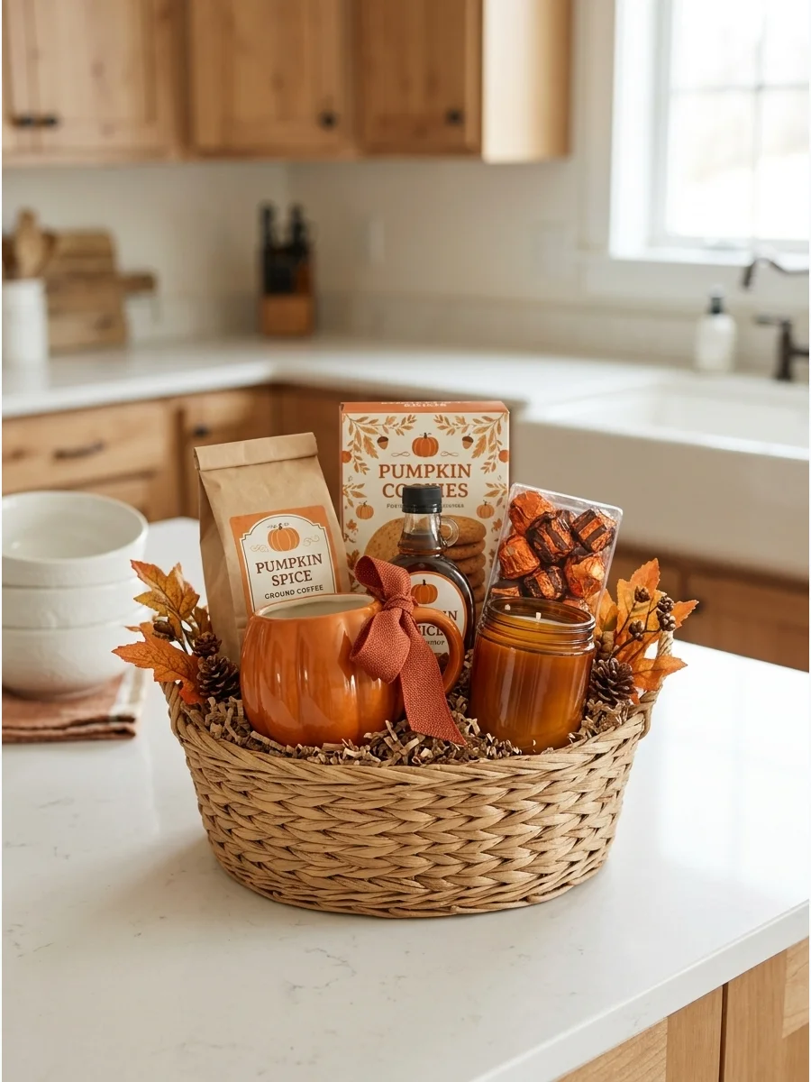 A pumpkin-shaped mug and coffee beans on a clean white kitchen counter.