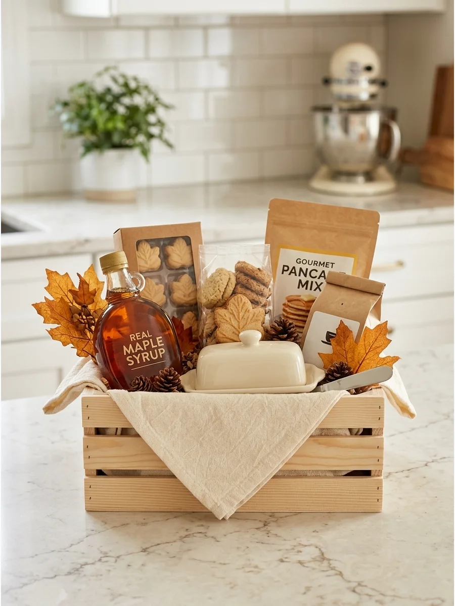 A maple themed gift crate with syrup and cookies in a kitchen.