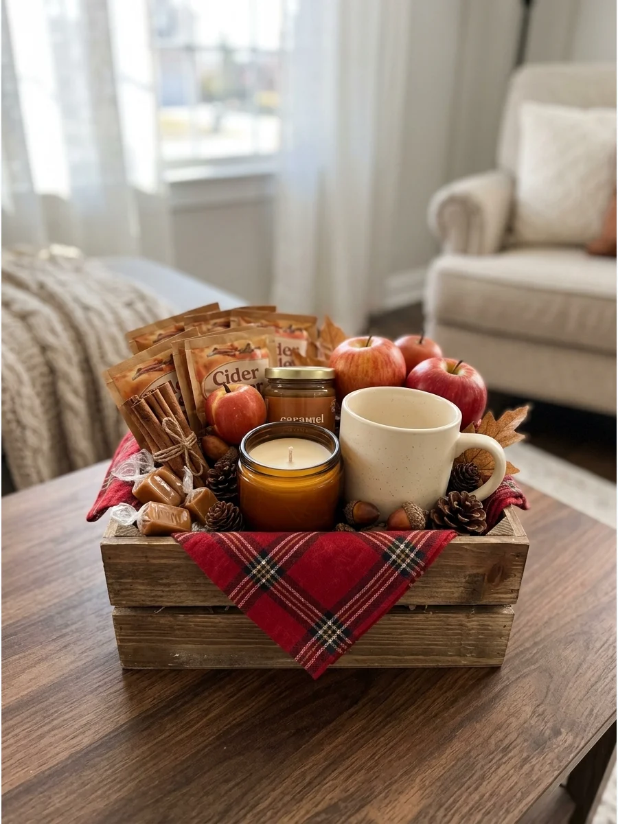 A wooden crate with cider mix and cinnamon sticks on a dark table.