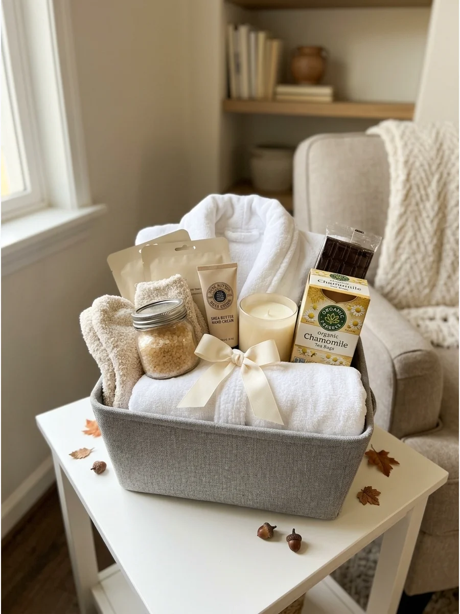 A grey fabric gift bin filled with spa items and a white robe on a table.