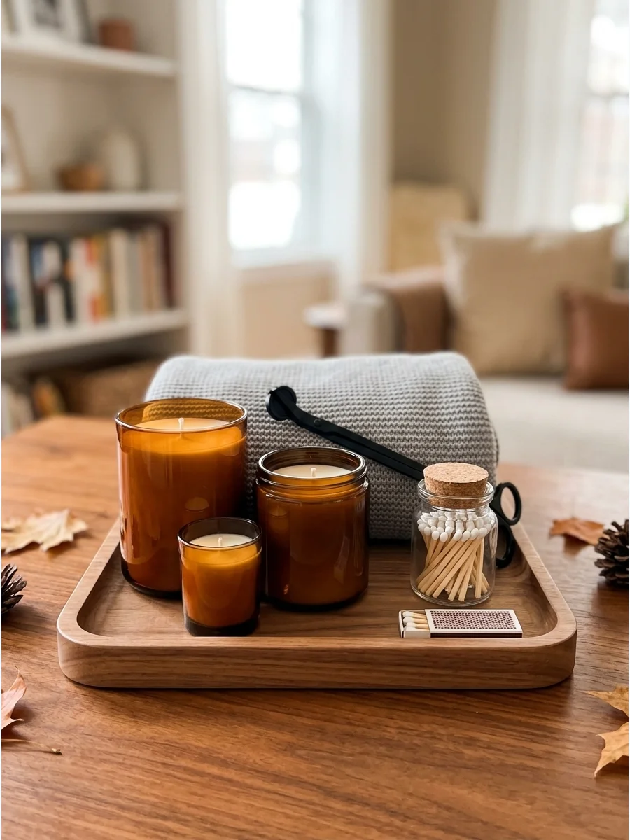 Three amber glass candles and a match jar arranged on a dark wood tray.