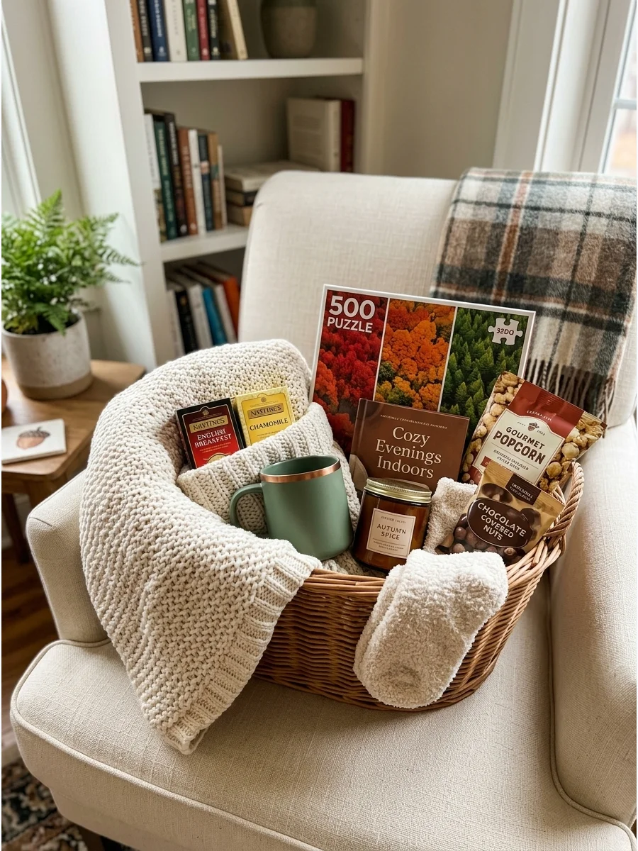 A wicker basket on a cozy chair filled with a knit blanket and a puzzle.