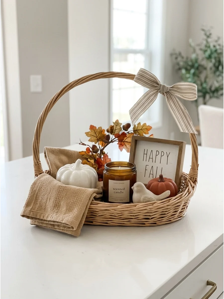 A woven basket containing a ceramic pumpkin and a decorative tea towel.