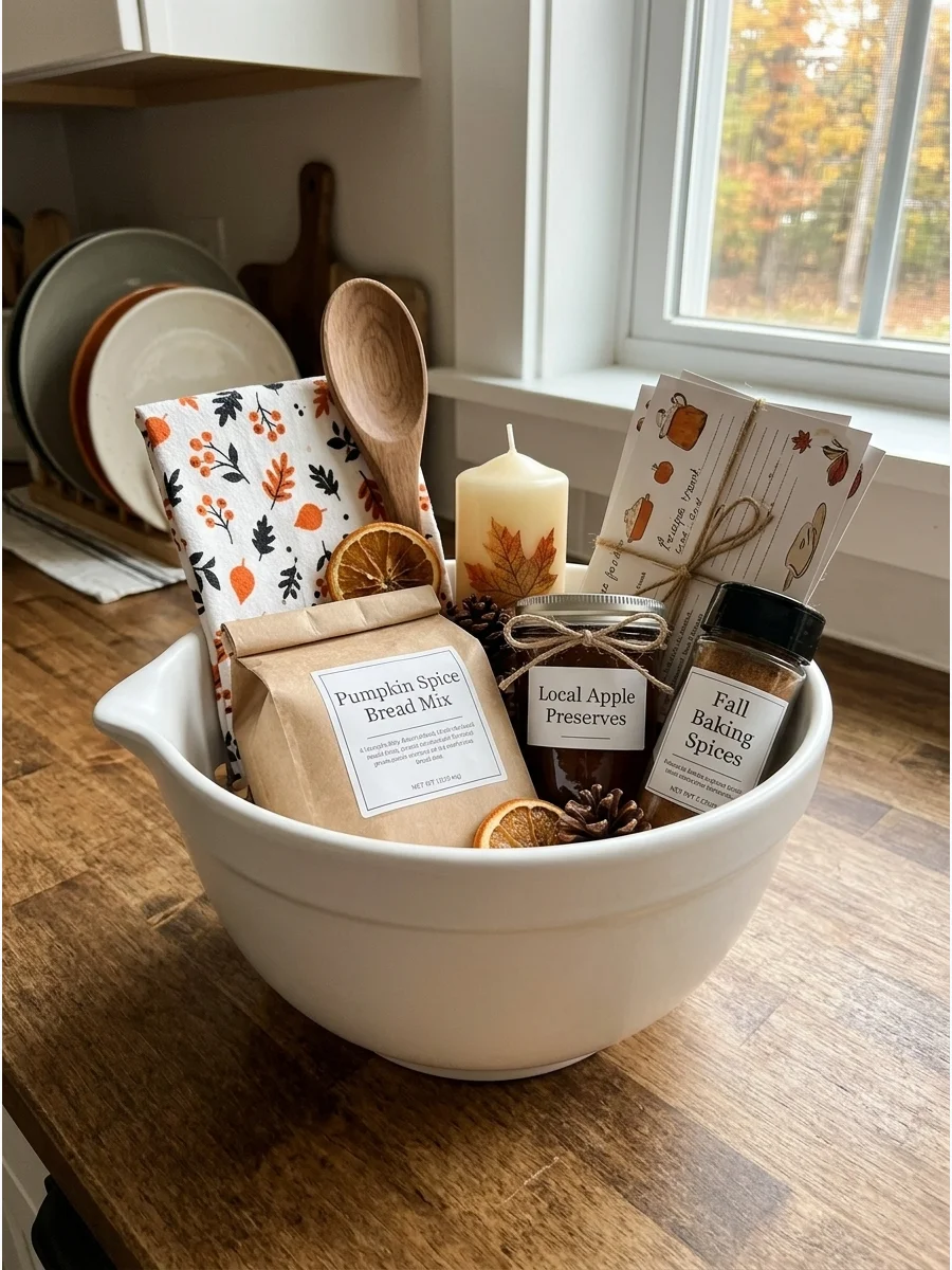 A white ceramic mixing bowl used as a gift basket for baking supplies.
