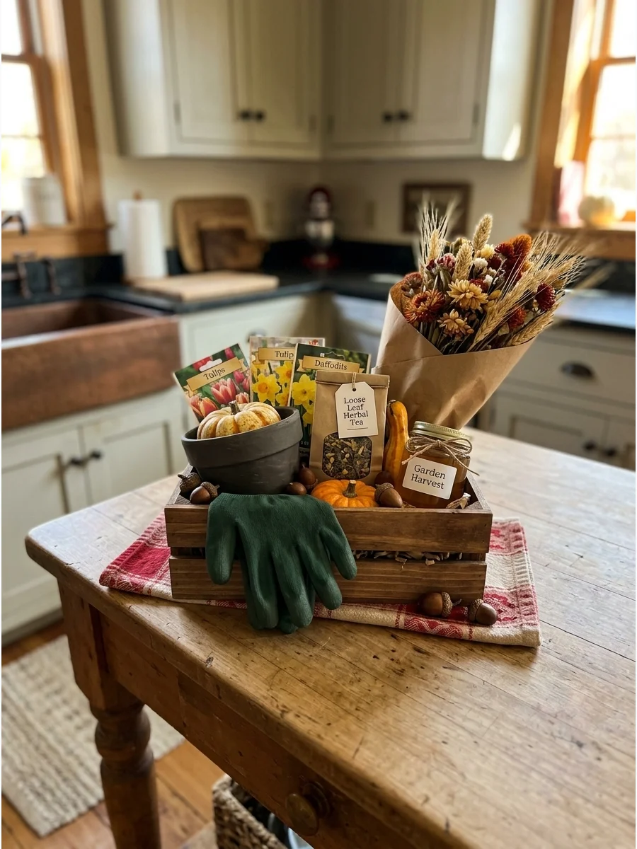 A wooden crate gift set with gardening gloves and flower bulbs.