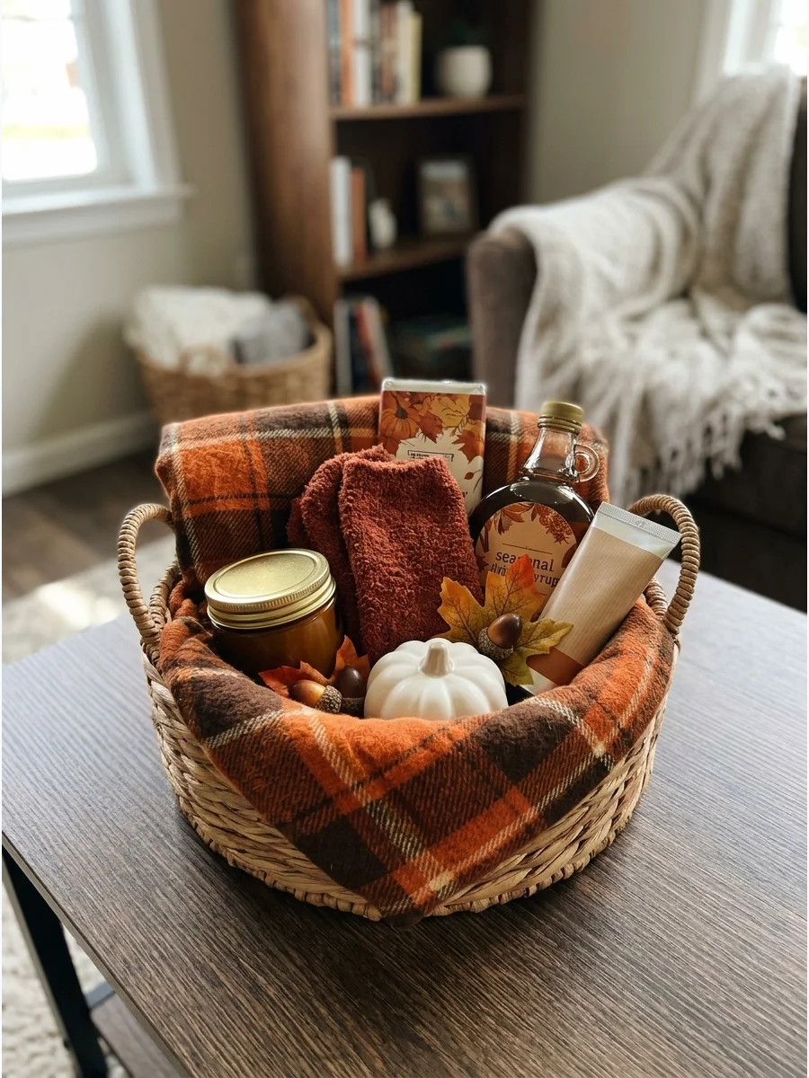 A wicker gift basket containing a plaid scarf and a small candle.