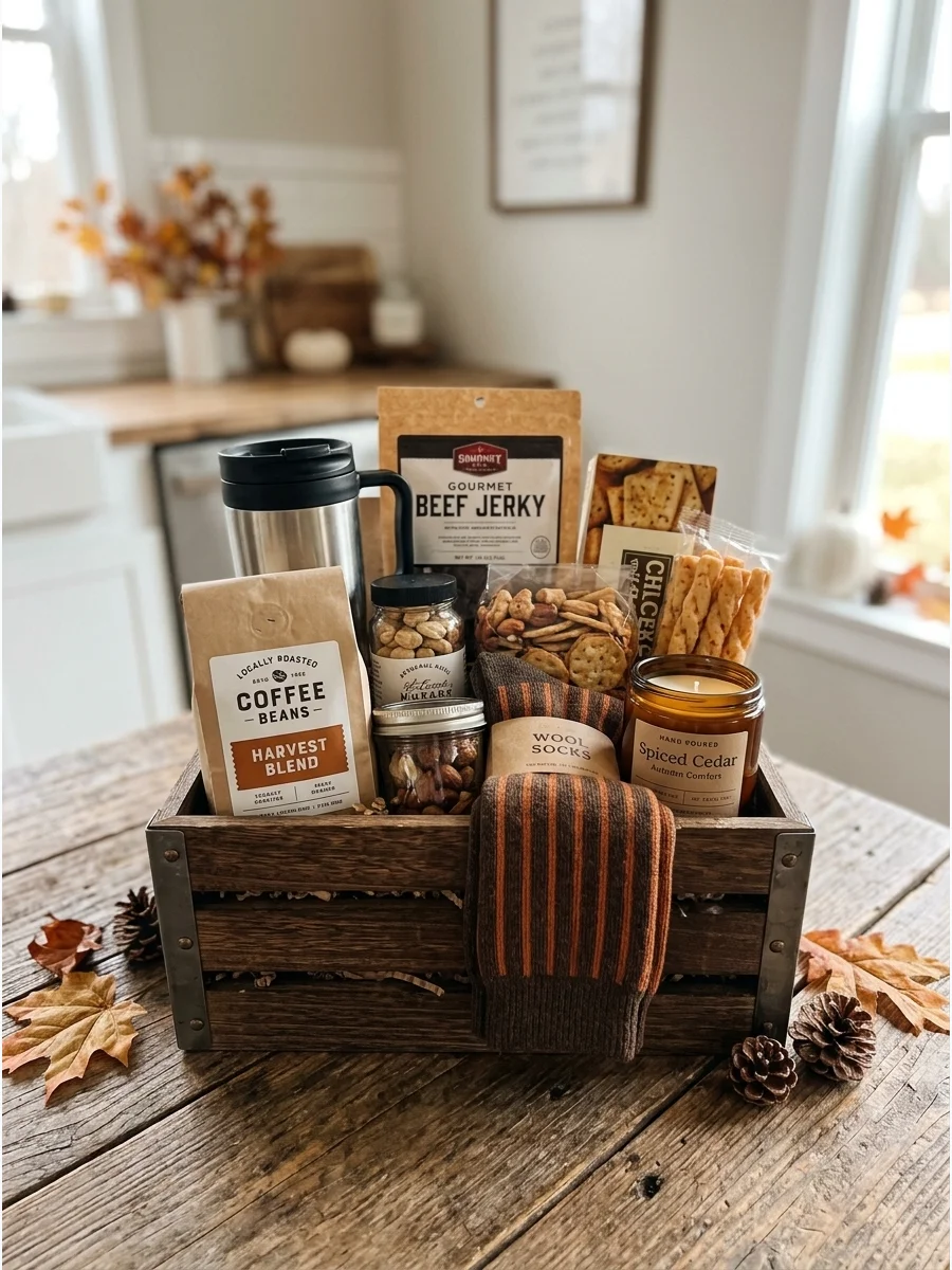 A dark wood gift crate with a travel mug and coffee beans.