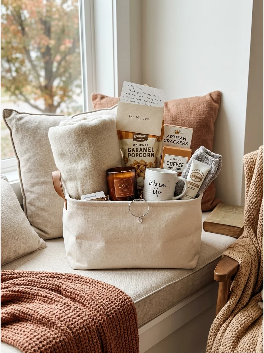 A fabric gift bin with a blanket and a personalized note on a window seat.
