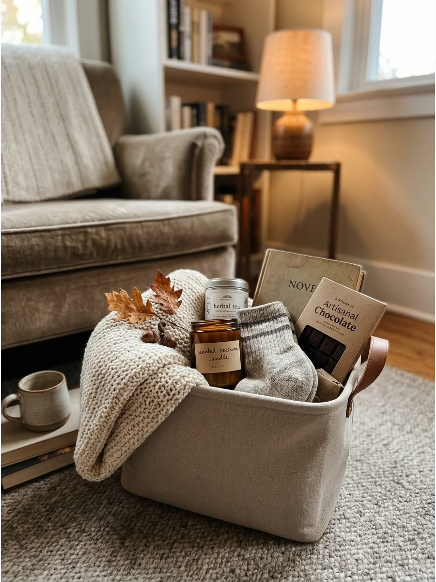 A tan knit blanket and a candle in a fabric bin near a chair.
