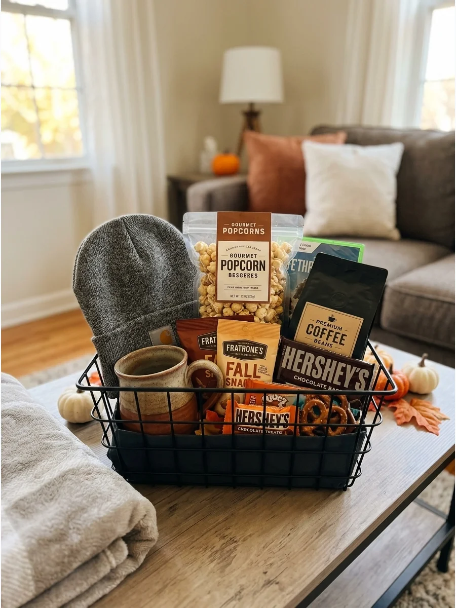 A wire gift basket with a beanie and snacks on a coffee table.