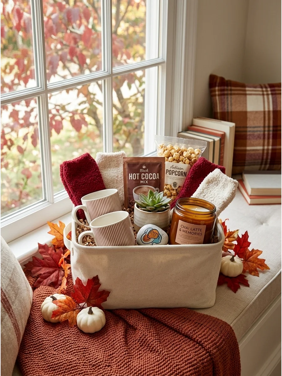 A cream fabric gift bin containing mugs, socks, and a small photo frame on a cozy window seat.