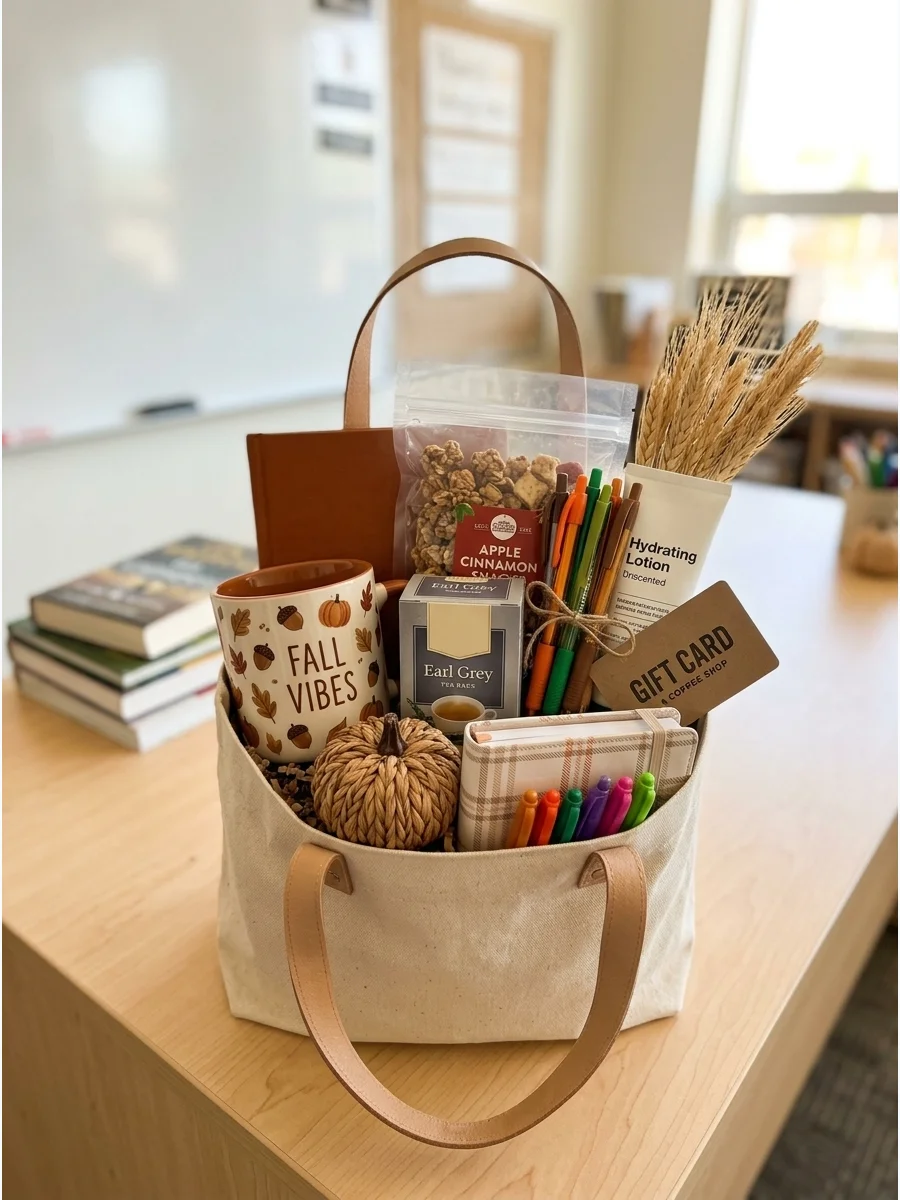 A canvas tote bag filled with school supplies and tea on a bright wooden desk.