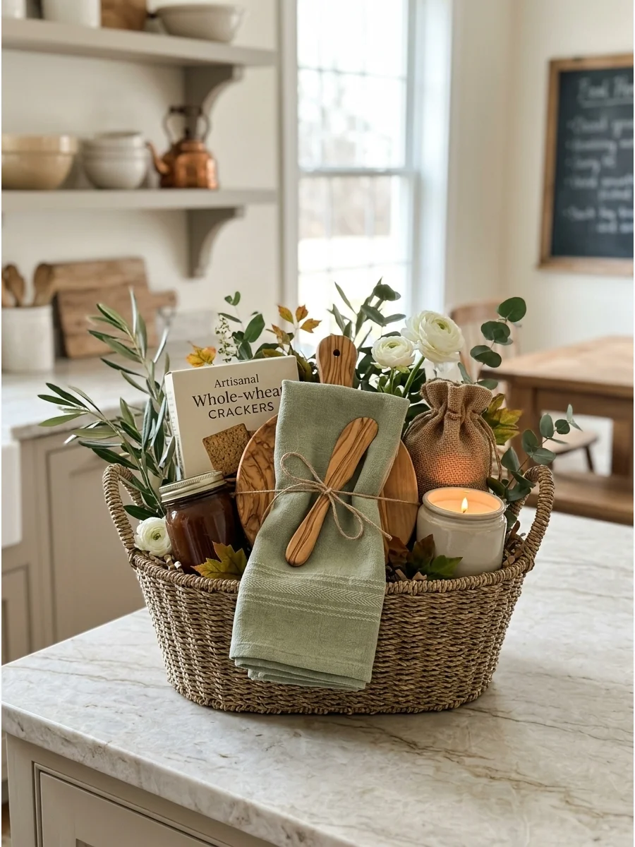 A wooden tray with honey and crackers arranged on a clean kitchen island.