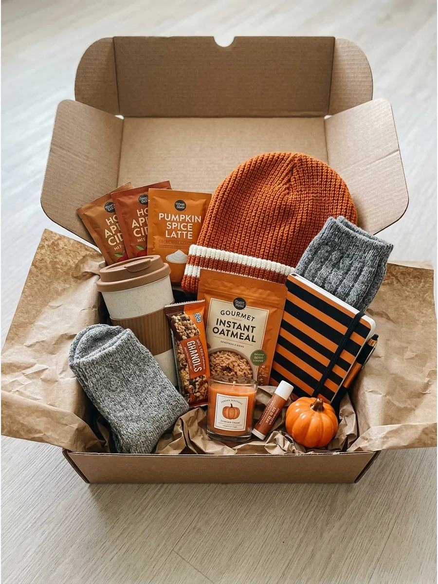 A cardboard shipping box filled with snacks and a beanie on a neutral floor.