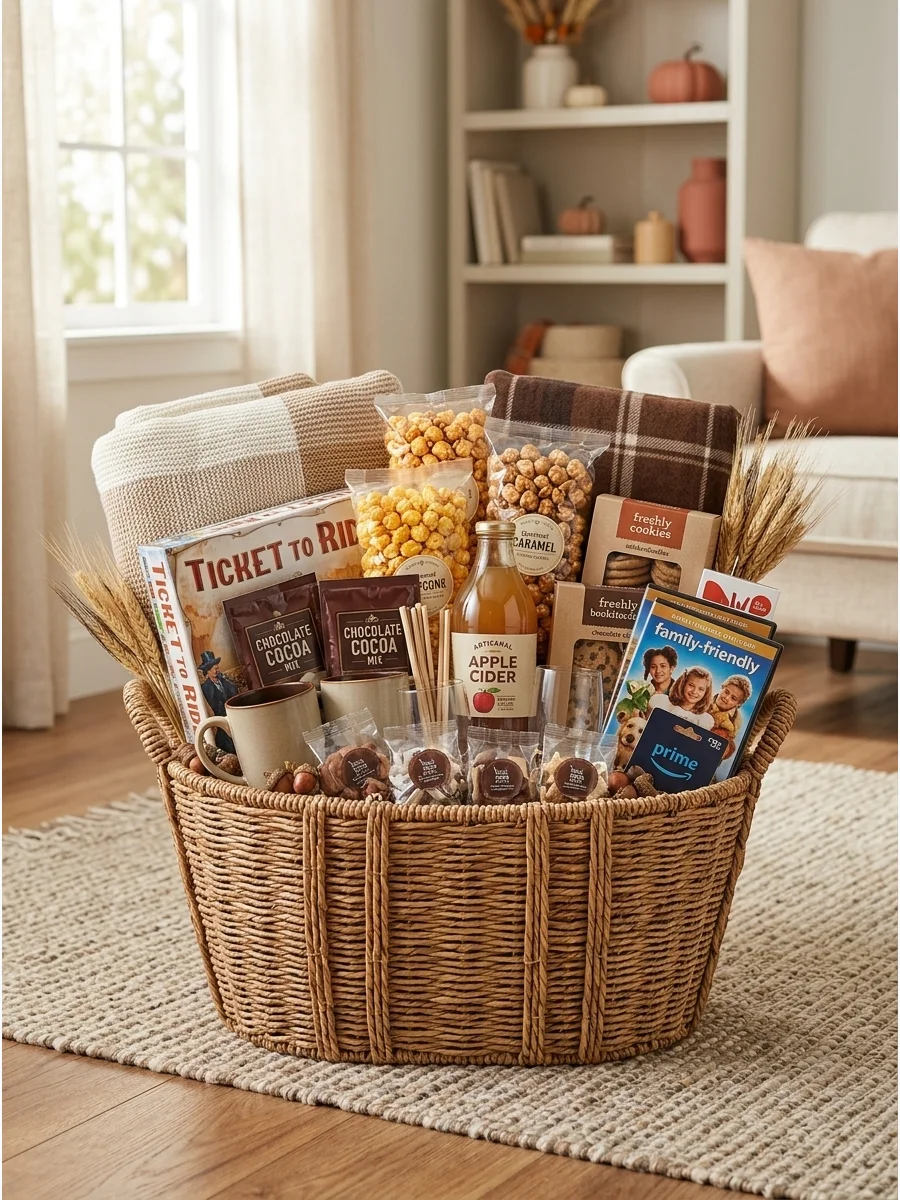 A large wicker basket with a blanket and board game on a living room rug.