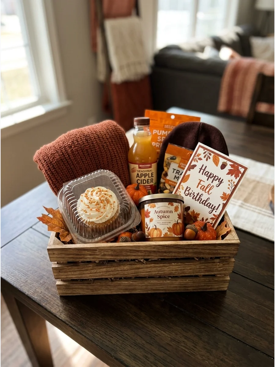 A wooden crate with a birthday cupcake and a scarf on a dark wood table.