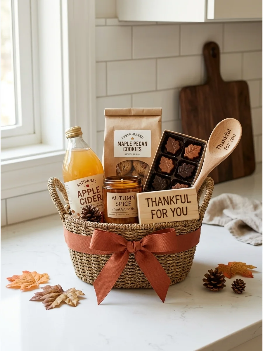 A small gift basket with maple candy and a wooden sign on a counter.