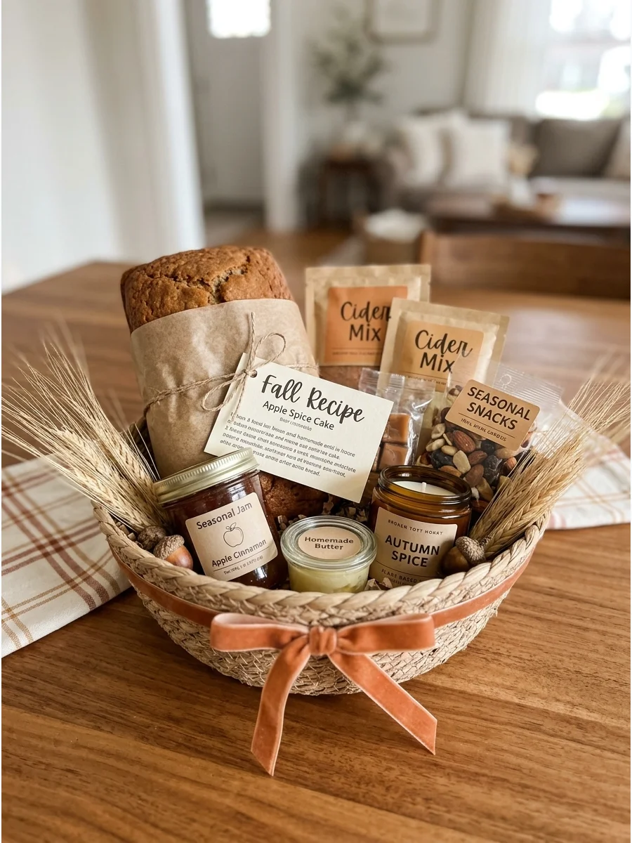 A shallow basket with pumpkin bread and apple butter on a wooden table.
