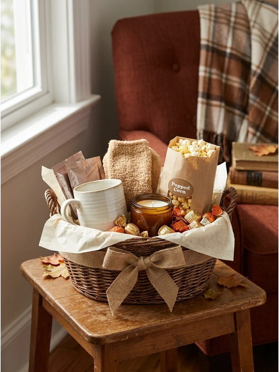 A small budget-friendly gift basket with a mug and tea packets on a table.