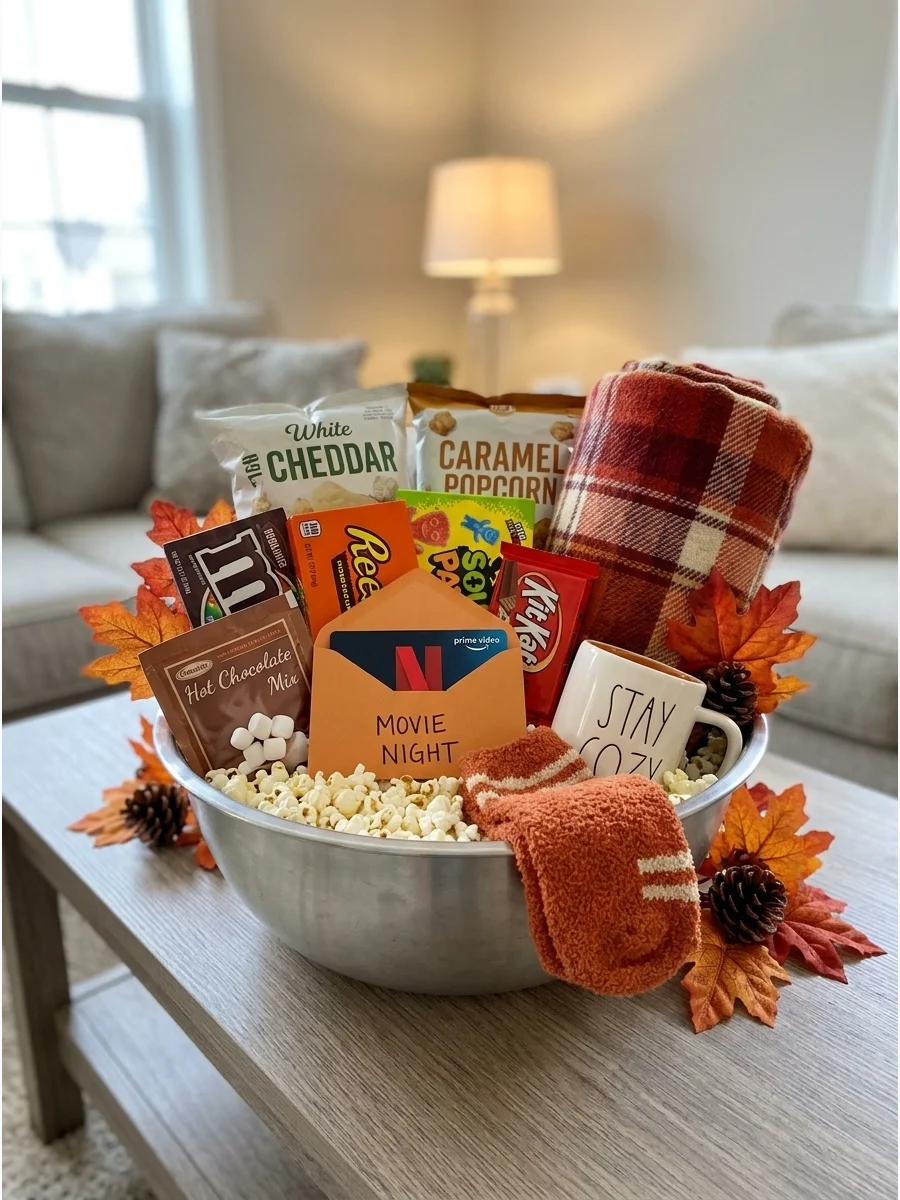 A metal bowl filled with popcorn and candy on a wooden coffee table.