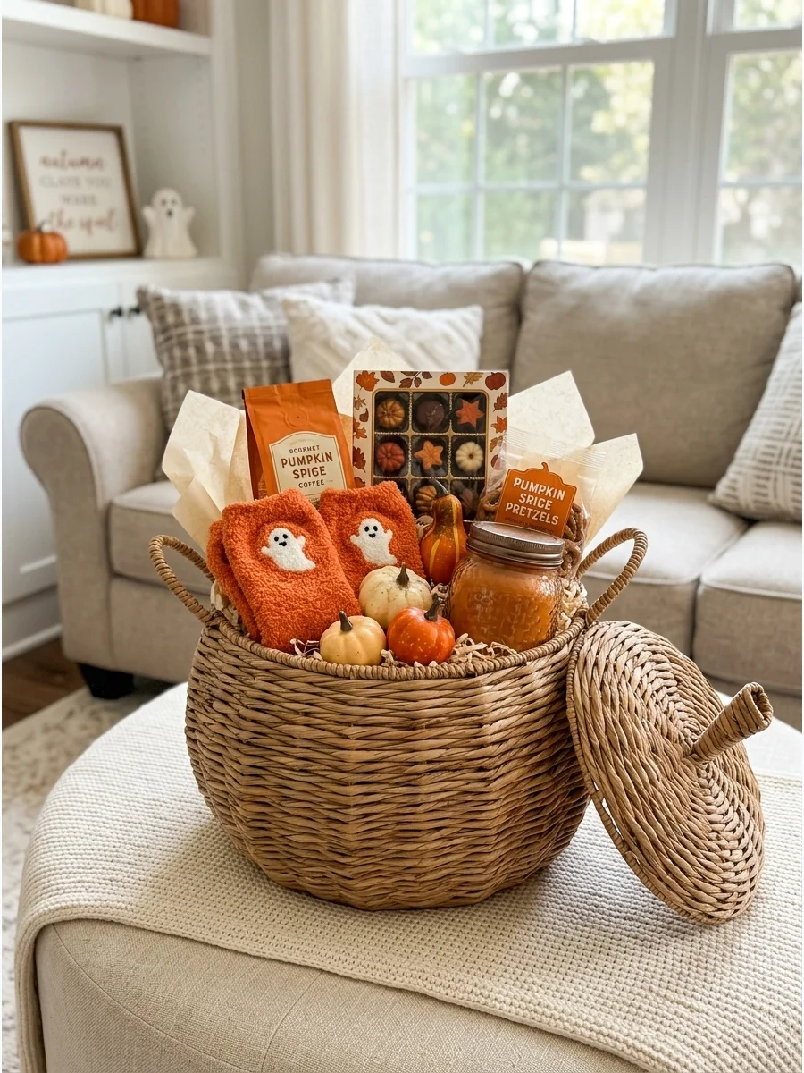 A pumpkin-shaped basket filled with orange-themed gifts on a coffee table.