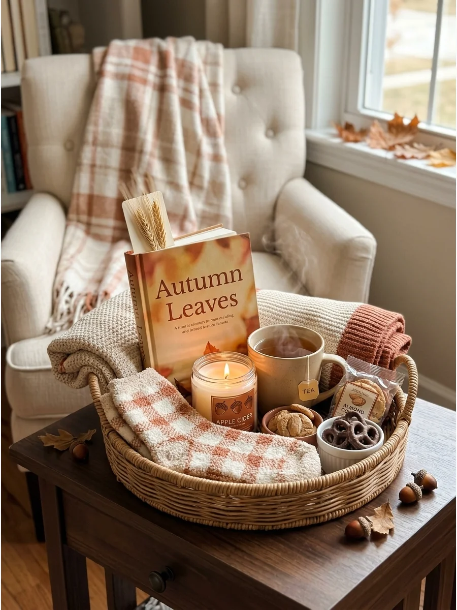 A book and a mug of tea on a wicker tray in a sunlit corner.