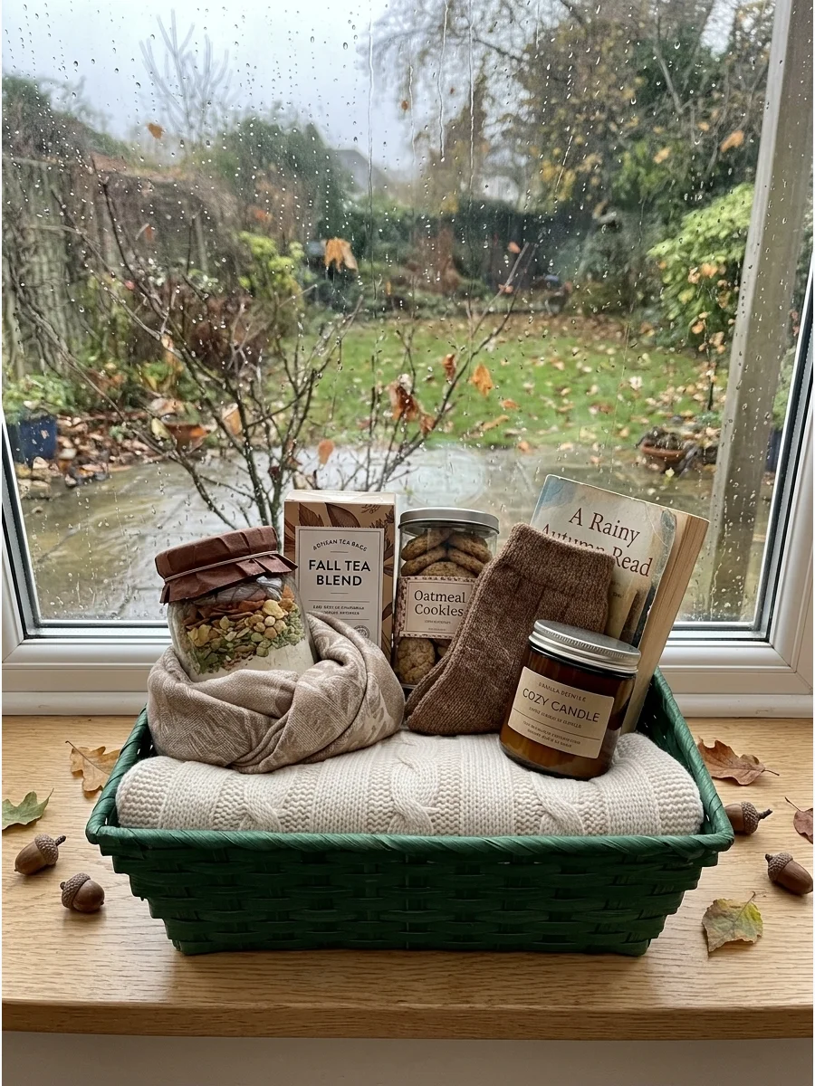 A green basket with a soup mix jar and a scarf near a bright window.