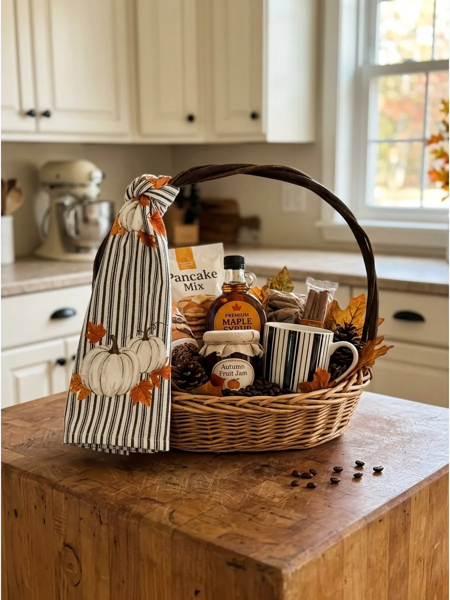 A basket with pancake mix and maple syrup on a wooden kitchen island.