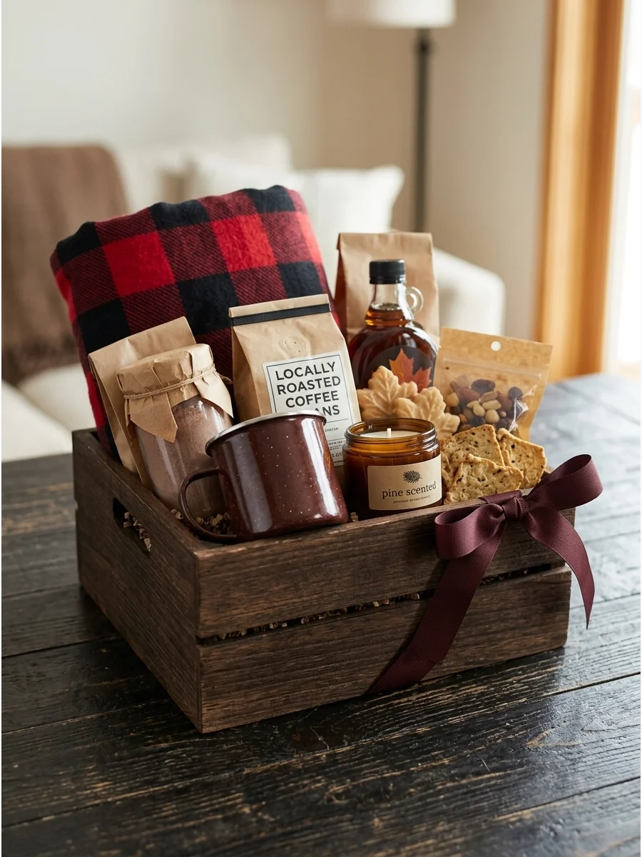 A wooden box containing a plaid blanket and a metal mug.