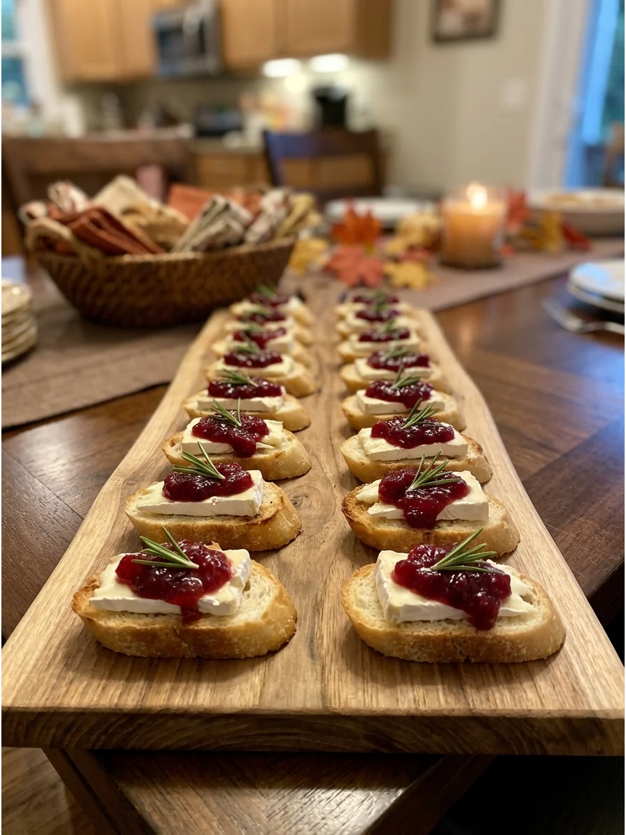 Cranberry brie crostini on a wooden board.