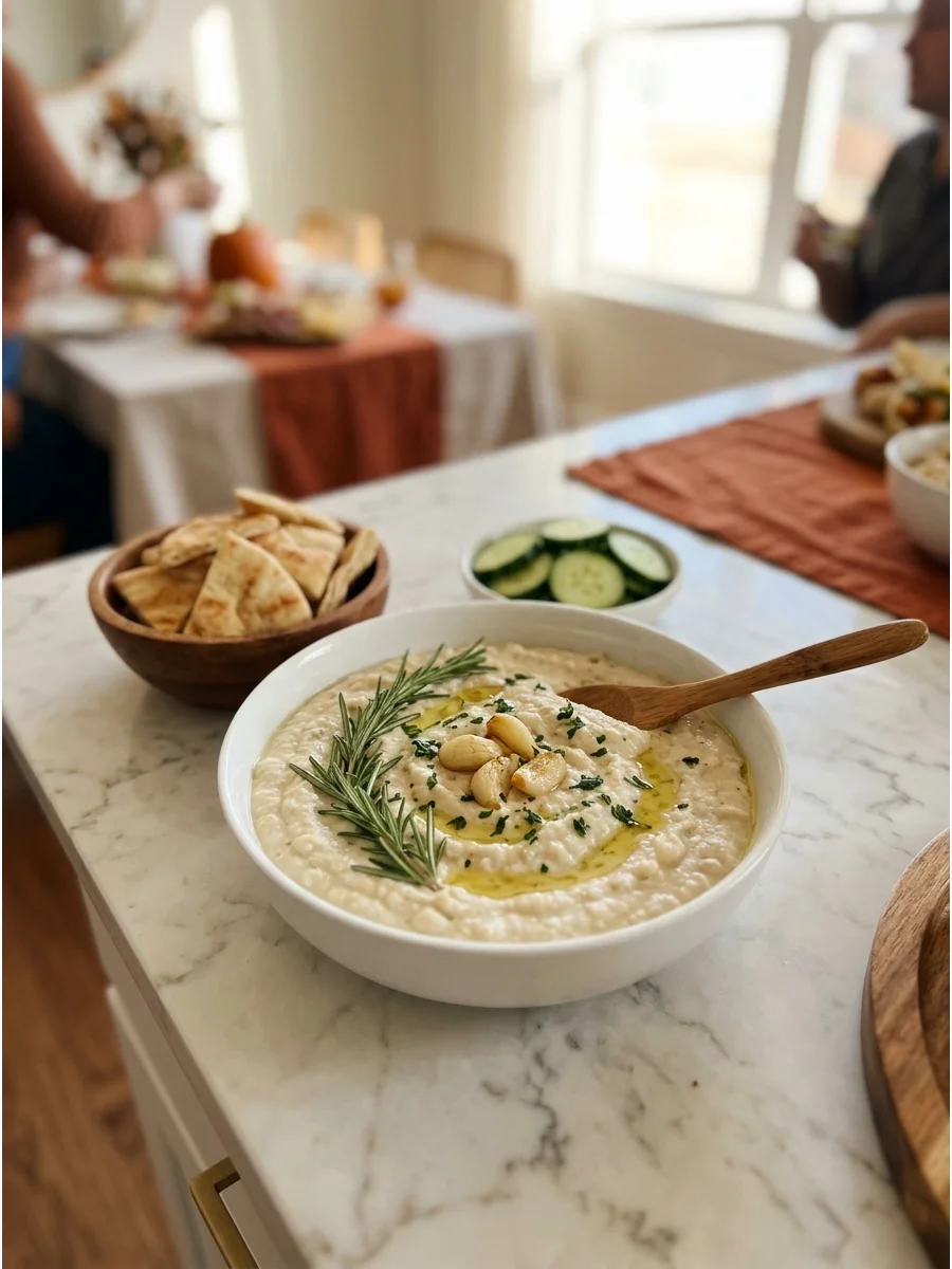 White bean dip with roasted garlic and herbs.