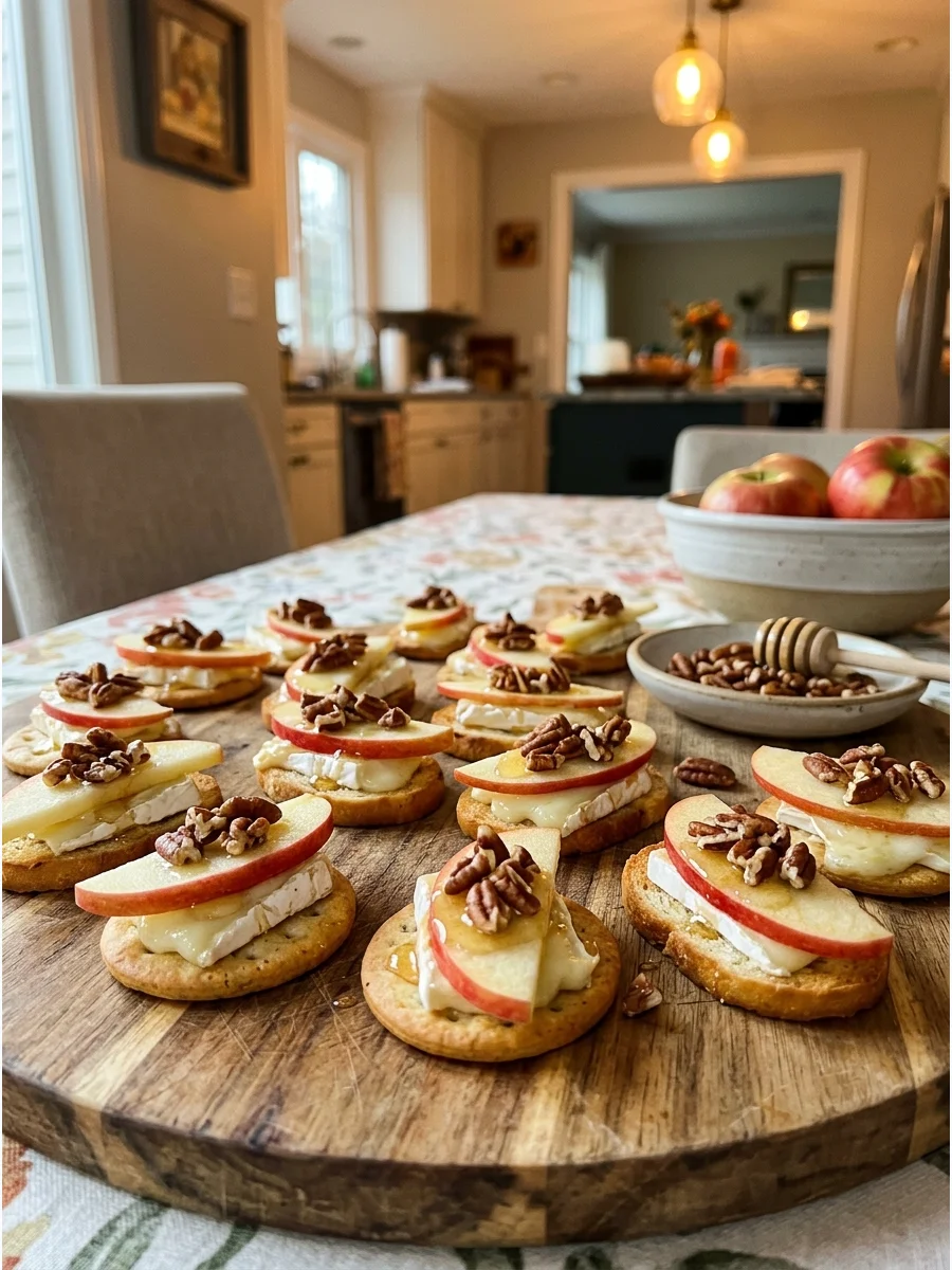 Apple and brie crackers with pecans on a wood board.