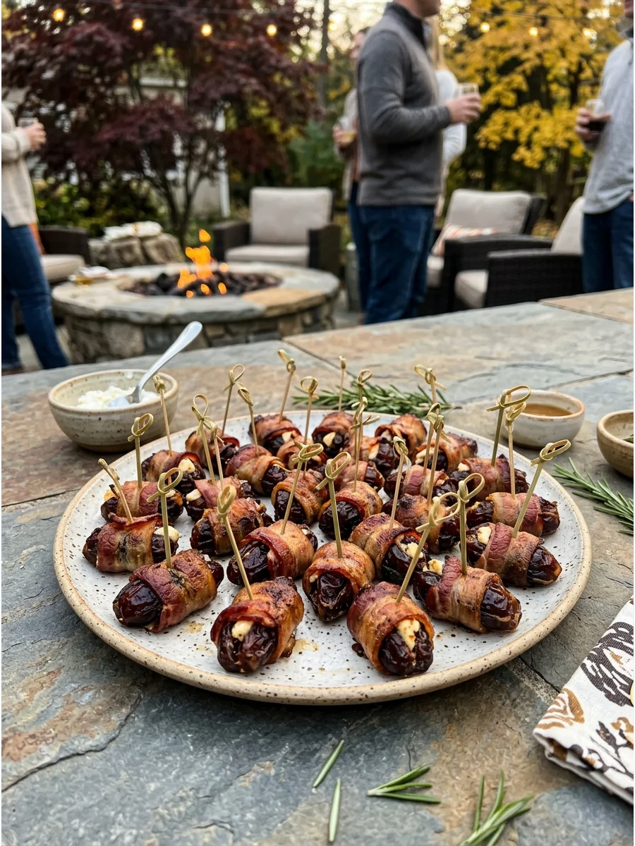 Bacon-wrapped dates stuffed with cheese on a white platter.
