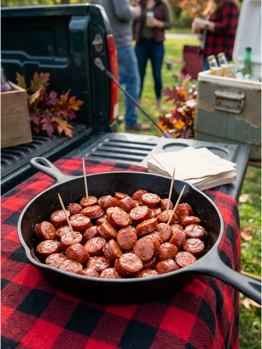 Maple glazed sausage slices in a cast iron pan.