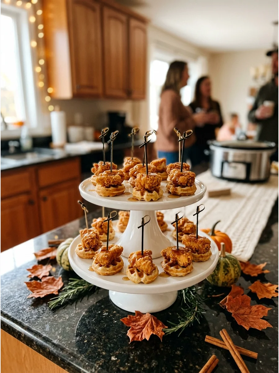 Mini chicken and waffle bites on a white serving stand.