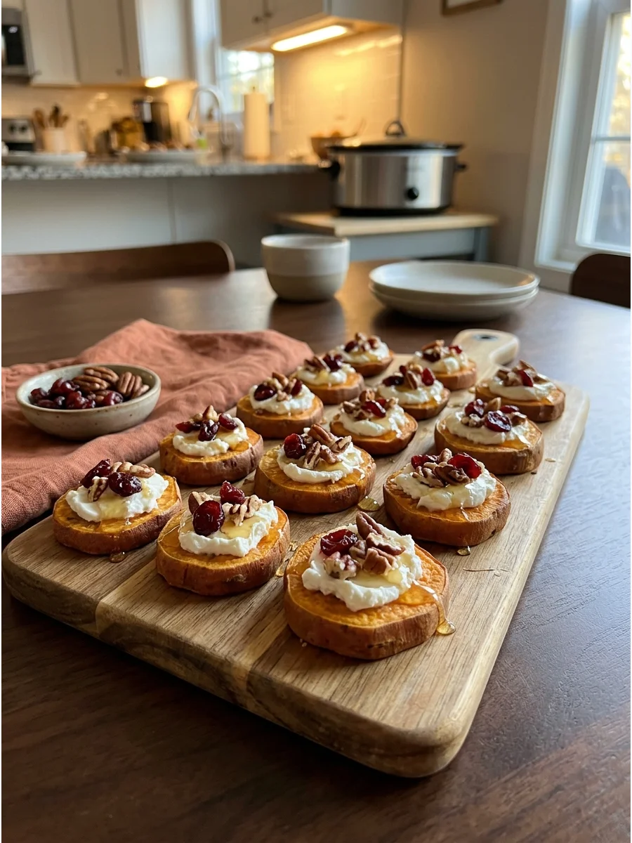 Roasted sweet potato rounds topped with goat cheese and nuts.