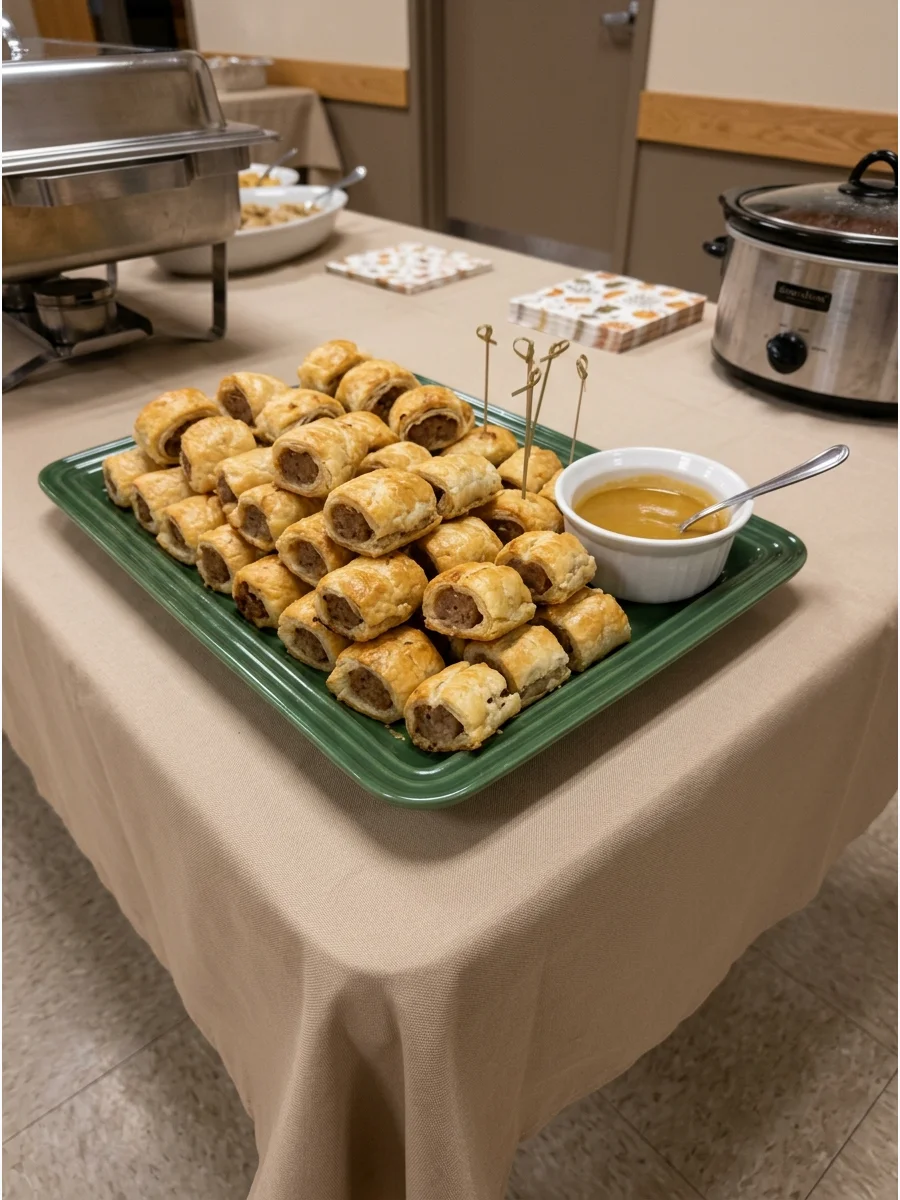 Mini sausage rolls in golden pastry on a green plate.