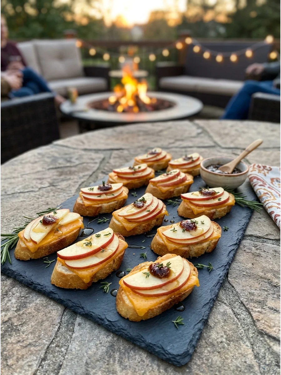 Apple and cheddar cheese crostini on a slate serving board.