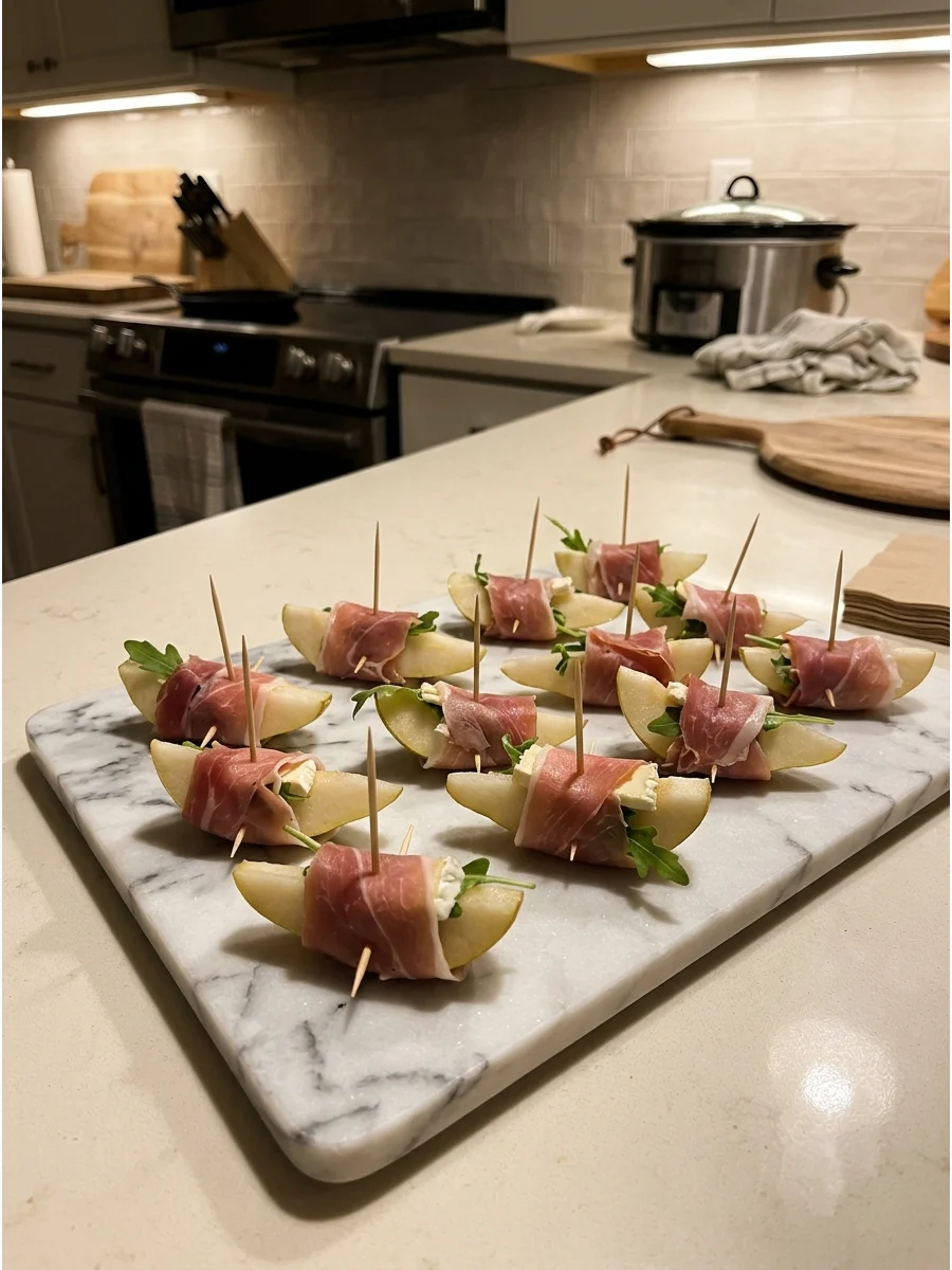Pear slices wrapped in prosciutto on a marble platter.