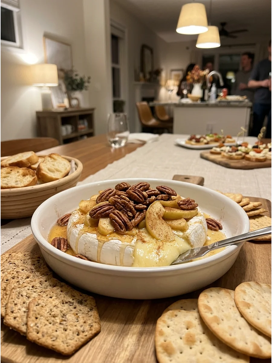 Baked brie topped with nuts and fruit.